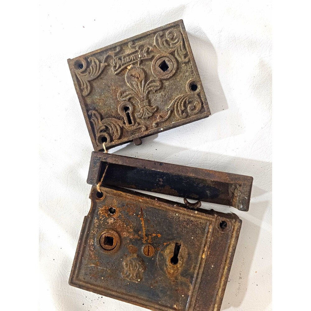 Eagle Antique Iron Rim Door Locks Lot of 2 w/ Ornate Cover Plates Pre-1890